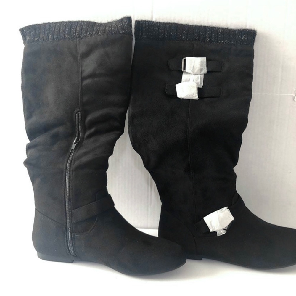 JustFab Black Flat Heel Knee High Boots with Knit Upper Trim.